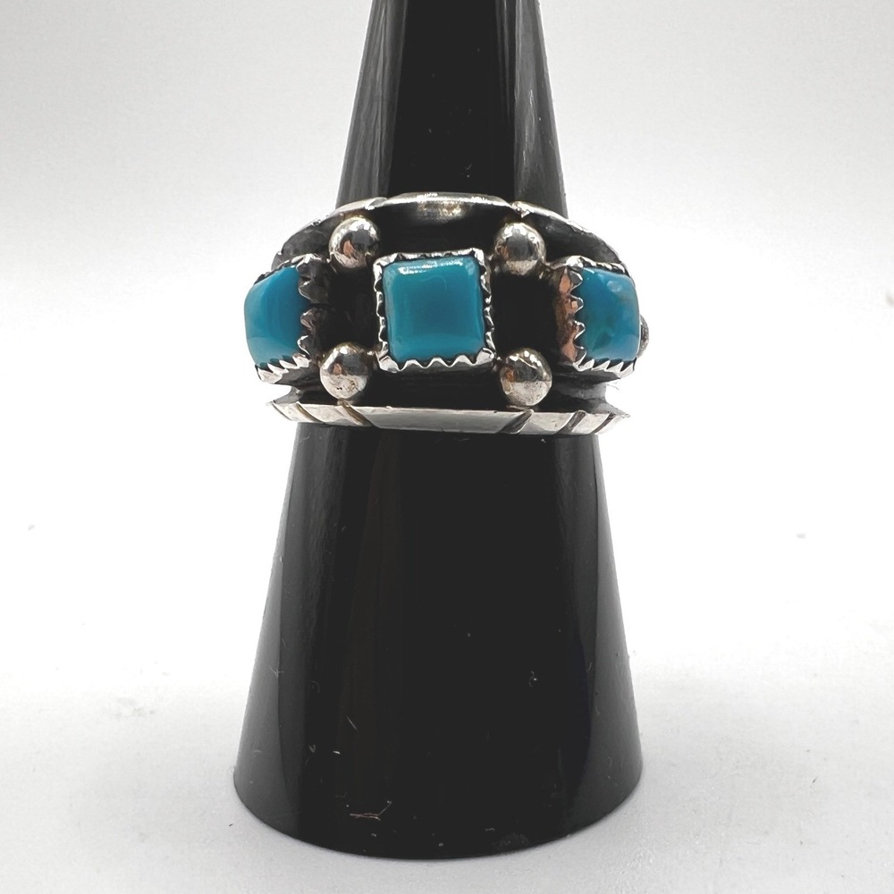 Native American Sterling Silver Turquoise Square Stone Band Size 8 Signed RC
